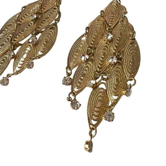 Gold Chandelier Earrings with Faux Diamond Gemstone Detail - Picture 2 of 4